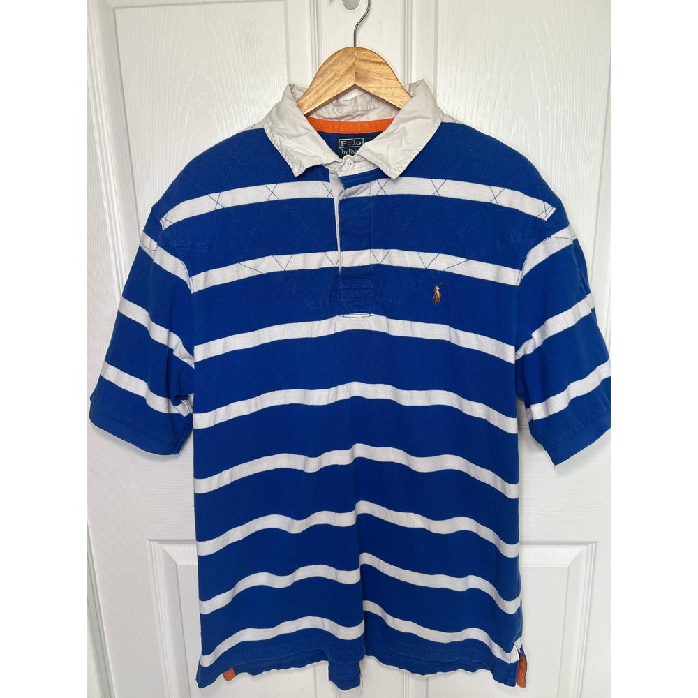 Polo Ralph Lauren Rugby Polo Shirt XLT Blue White Striped Quilted Cotton‎ Tall